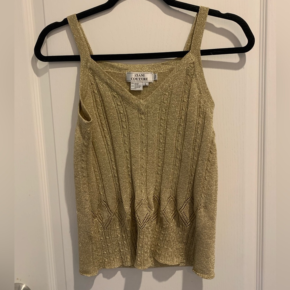 Ziani Couture Size Large Gold Tank Top Christmas/Holidays VNeck Spaghetti Casual